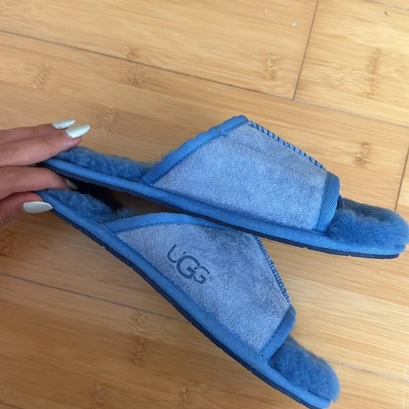 Ugg Suede Mellie Open Toe Genuine Shearling Slipper in Blue-Lyst - Picture 4 of 7
